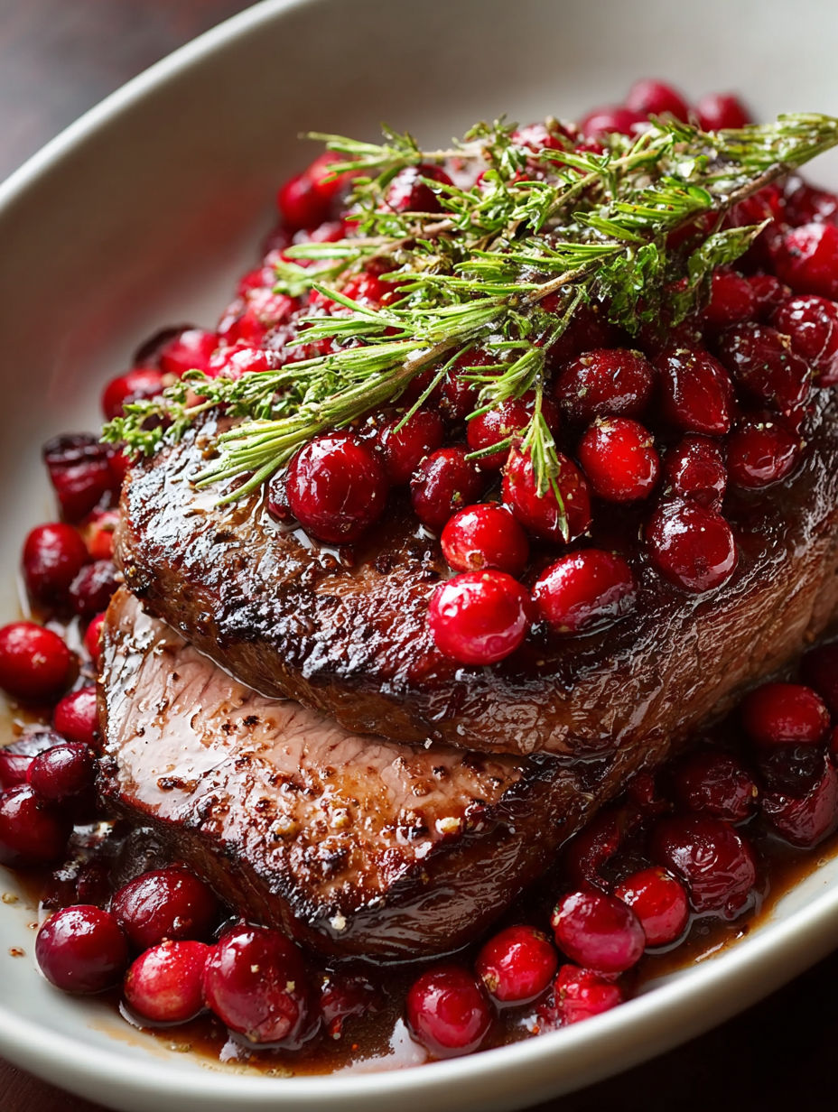 A roast beef dish with cranberries on top.