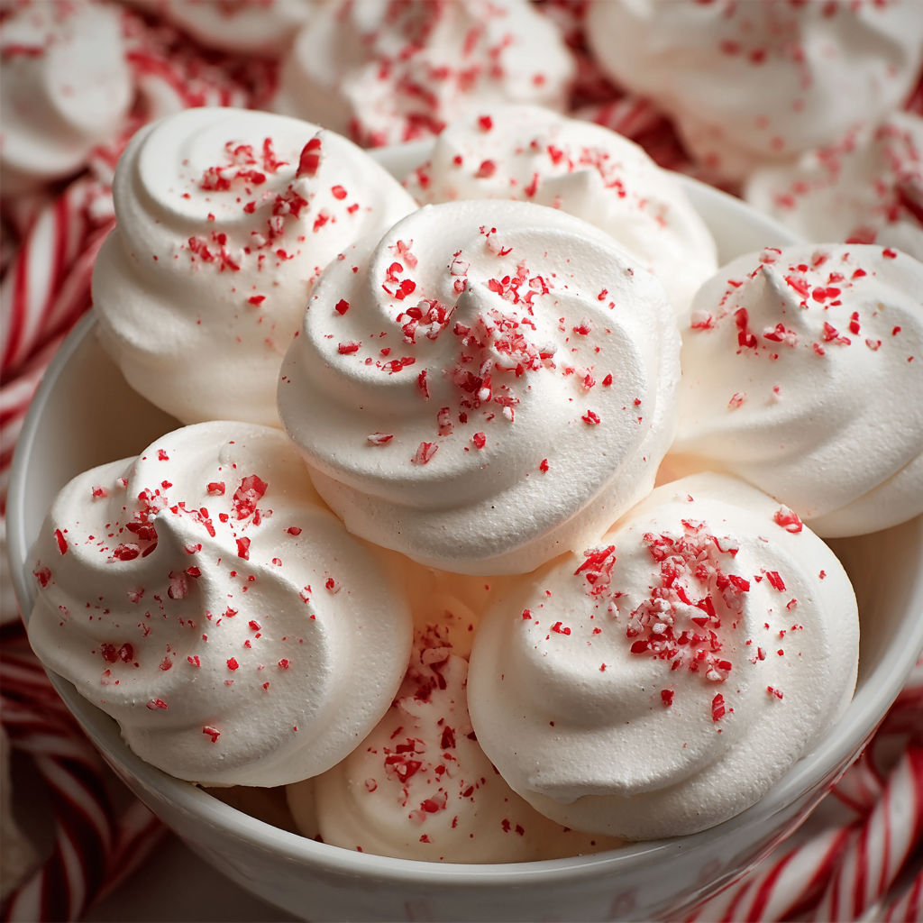 A bowl of white Christmas peppermint meringues.