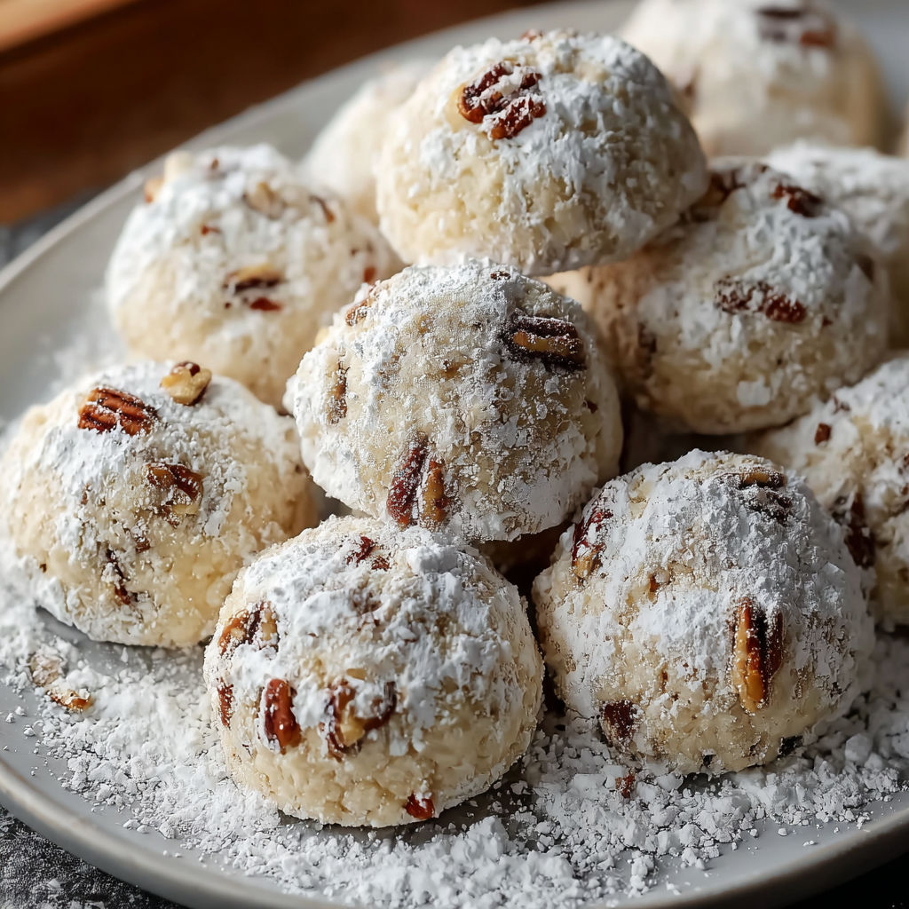 A plate of buttery pecan snowball cookies.