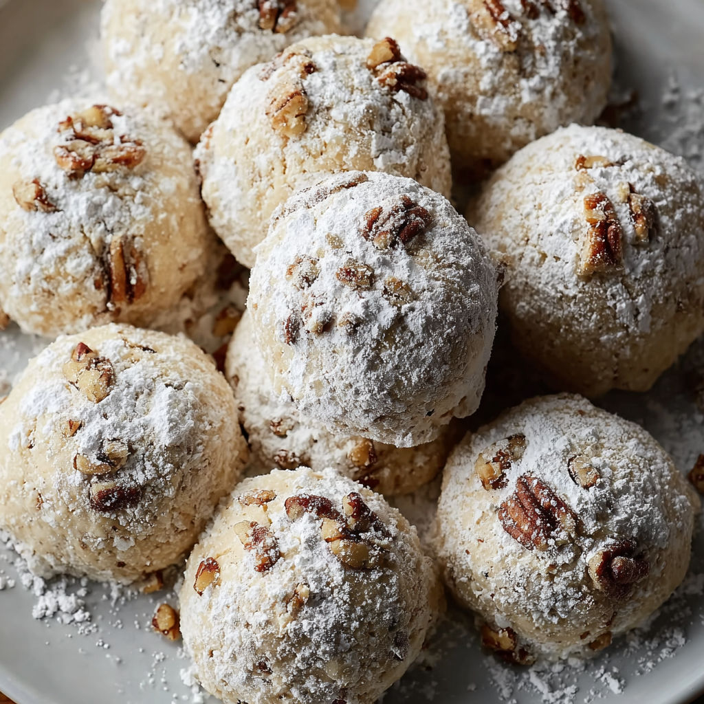 A plate of buttery pecan snowball cookies.