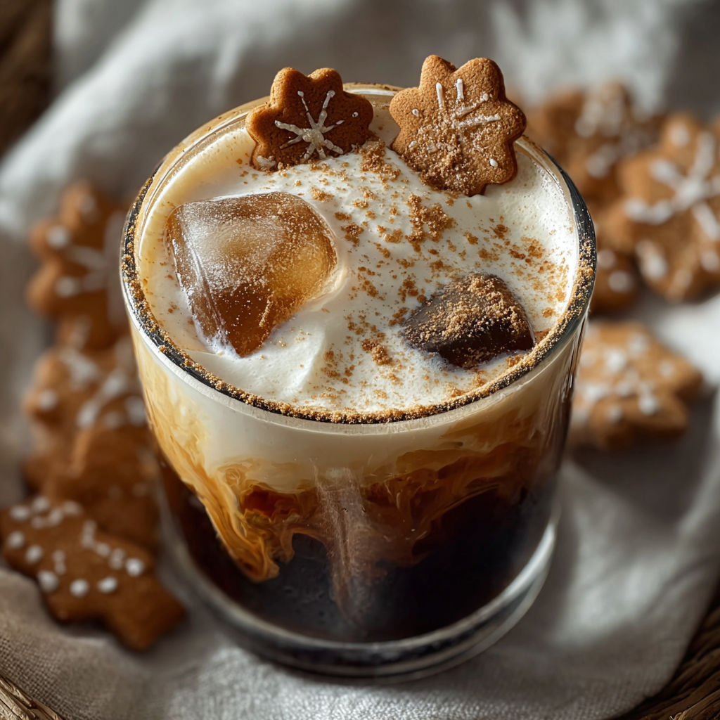 A glass of a holiday cocktail with gingerbread cookies.