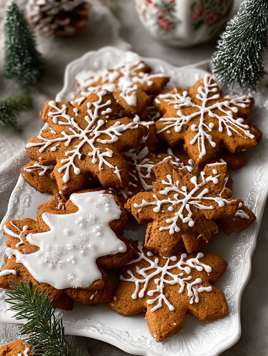 A plate of gingerbread cookies with white icing and snowflakes.