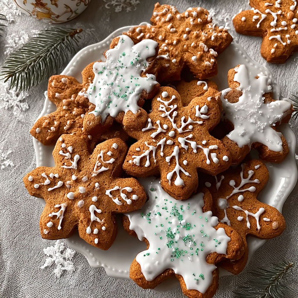 A plate of gingerbread cookies with white icing and green sprinkles.