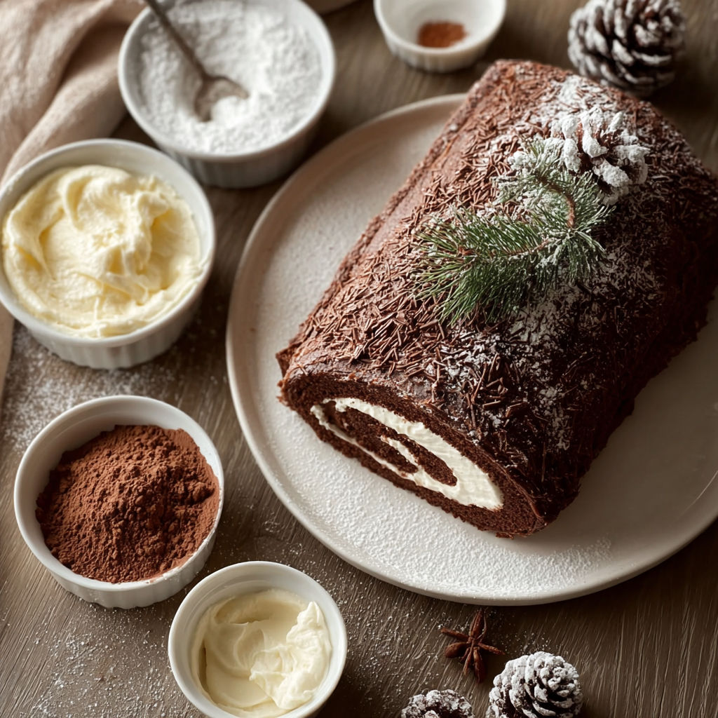 A Yule Log Sheet Cake with powdered sugar and cinnamon.