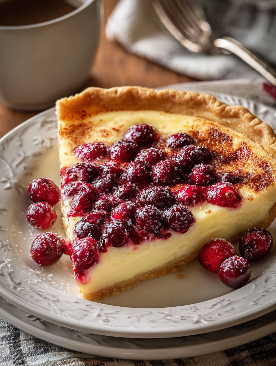 A slice of cranberry custard pie.