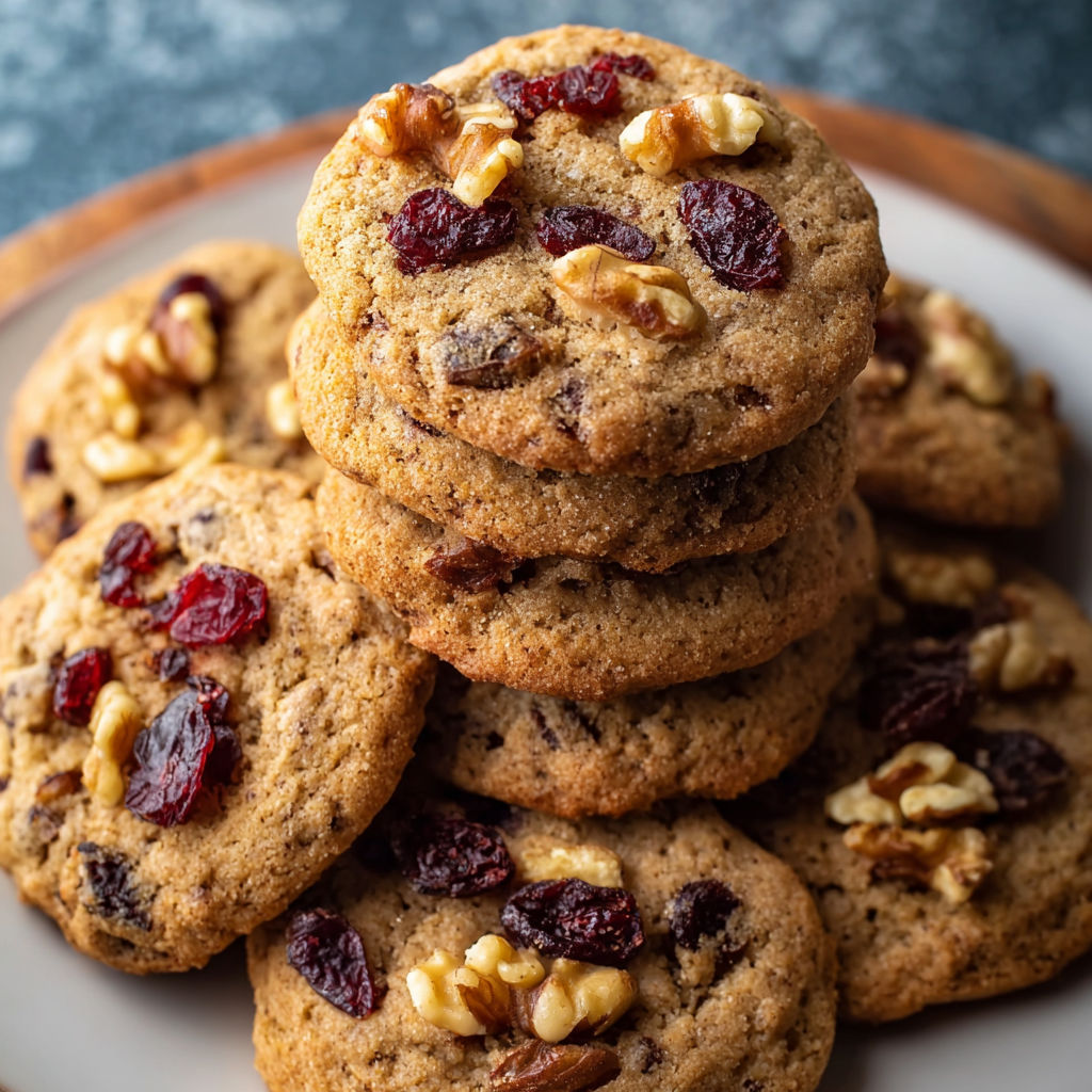 A stack of chewy spiced cranberry cookies with walnuts.
