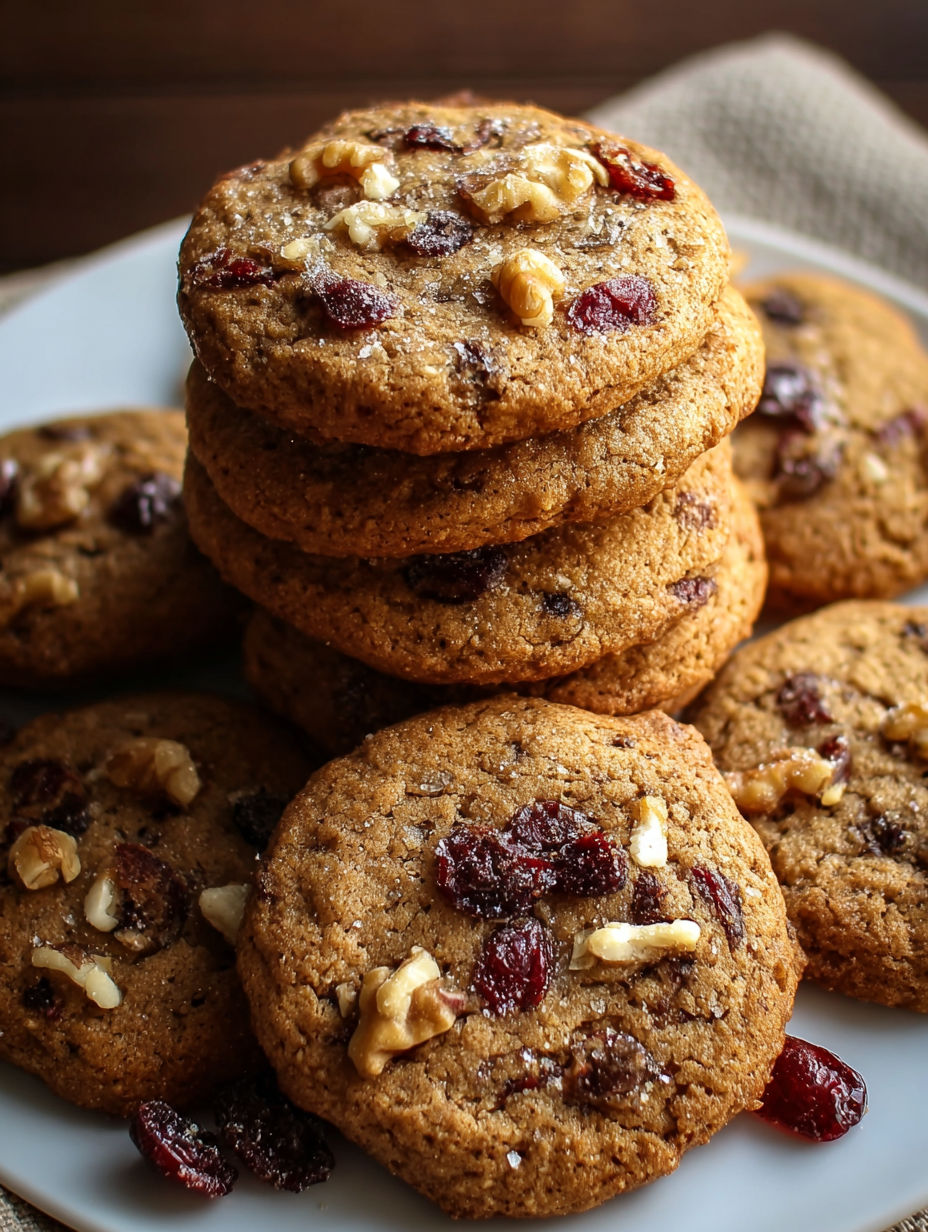 A stack of chewy spiced cranberry cookies with walnuts.