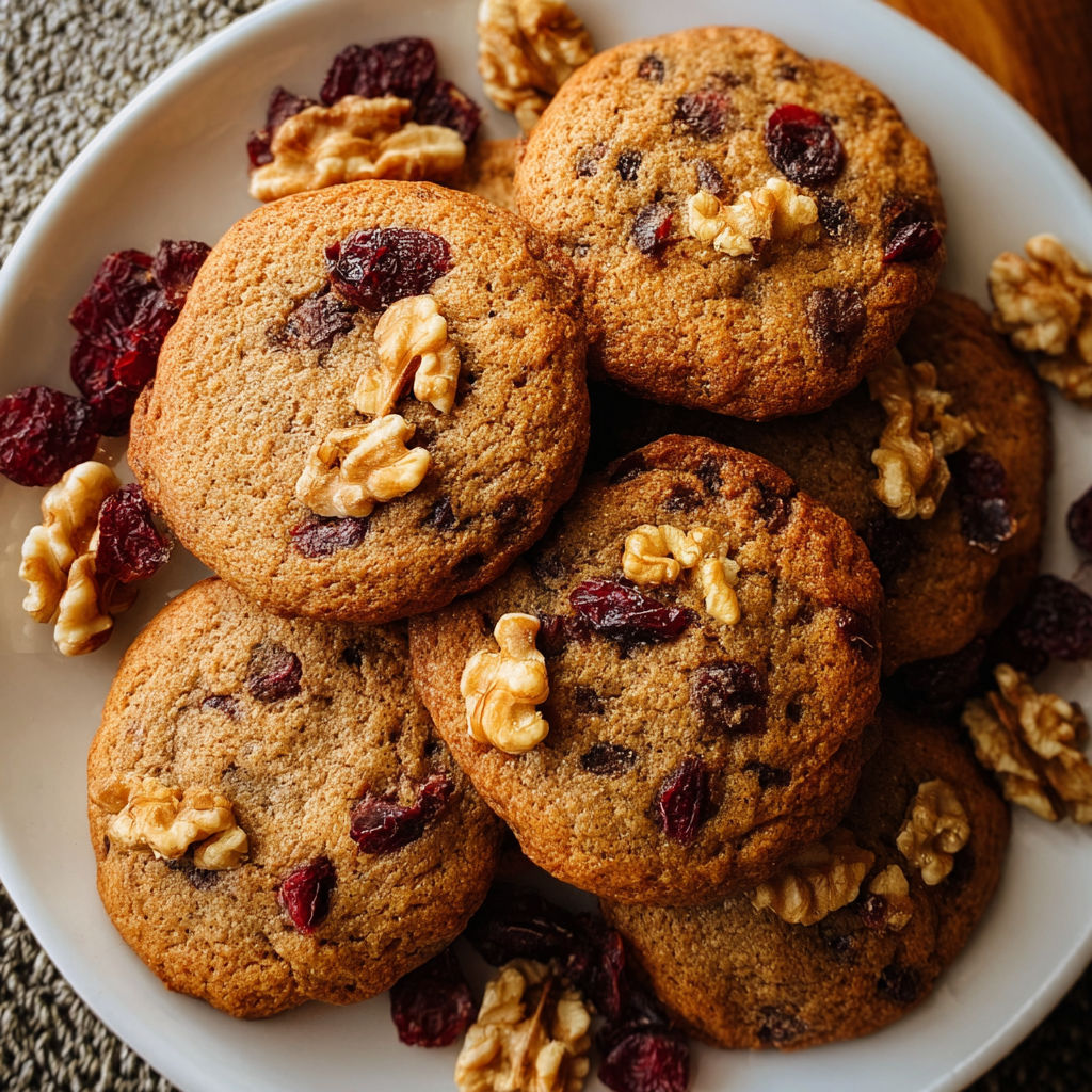 A plate of cookies with walnuts and cranberries.