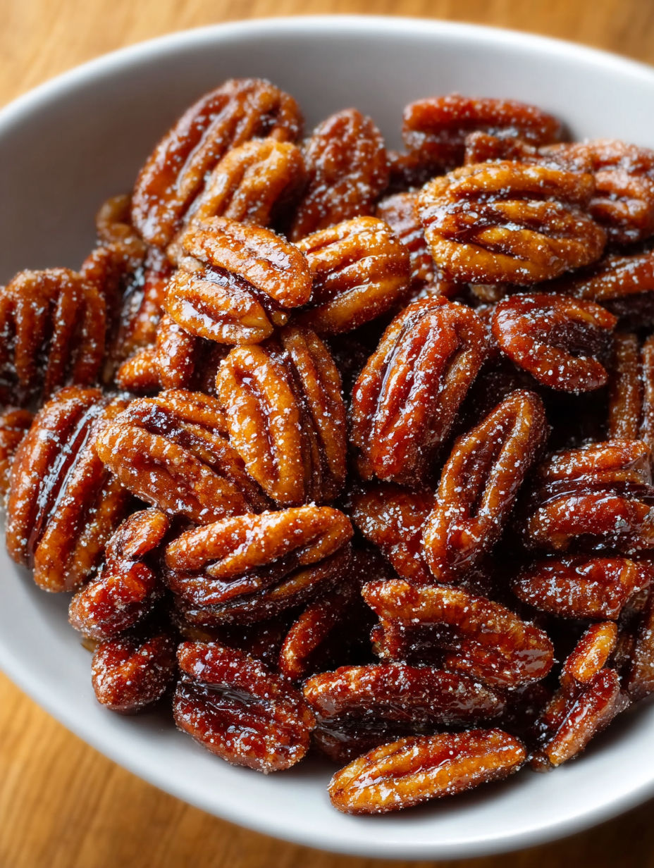 A bowl of pecans with a brown glaze.