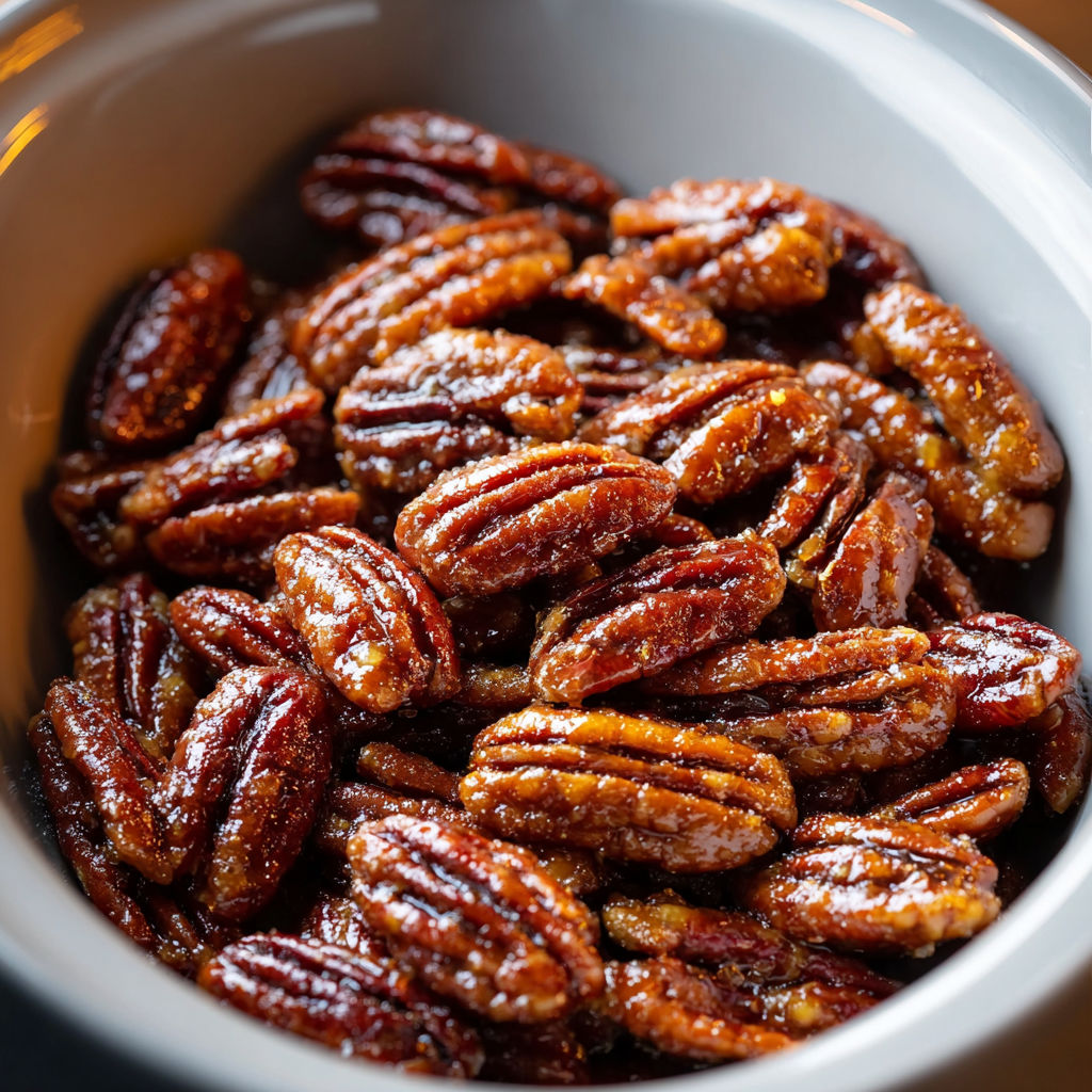 A bowl of pecans with a whiskey glaze.