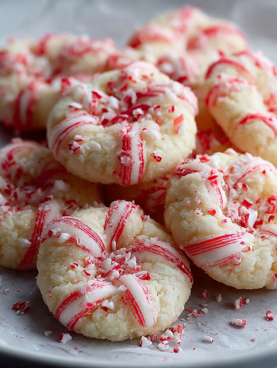 A plate of candy cane whipped shortbread cookies.