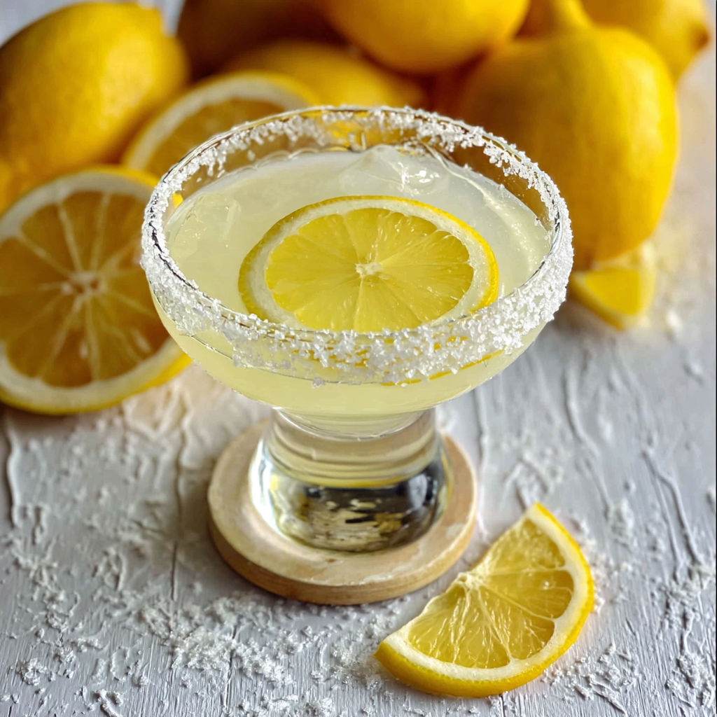 A glass of lemonade with lemon slices in it.