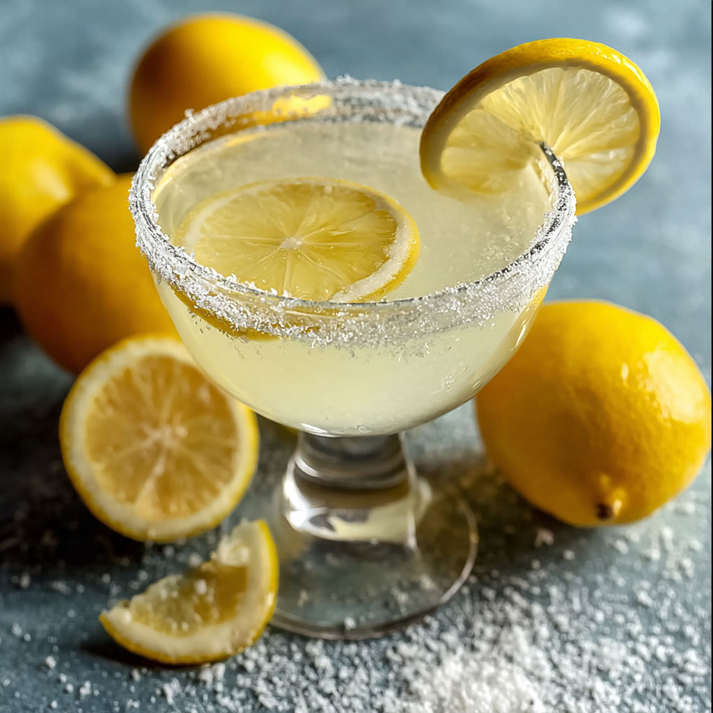 A glass of lemon drop with lemon slices around it.