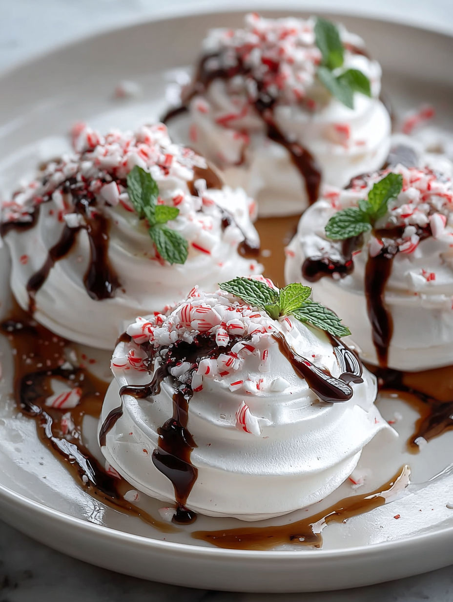 Peppermint meringues with chocolate drizzle.