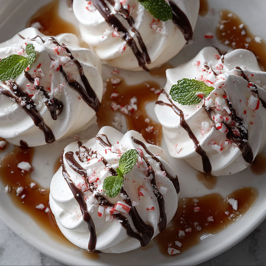 Peppermint meringues with chocolate drizzle.