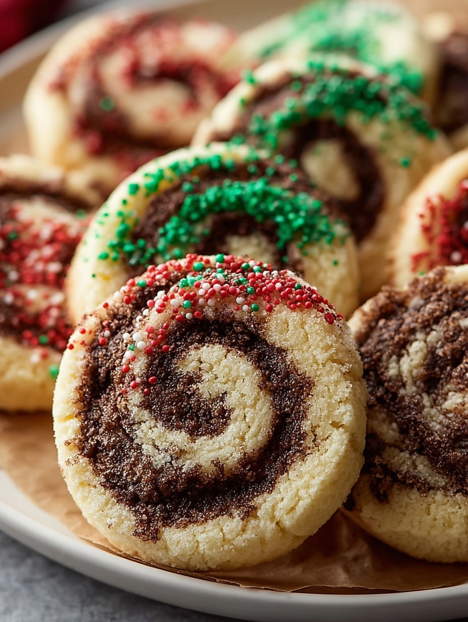 A plate of swirled Christmas cookies.