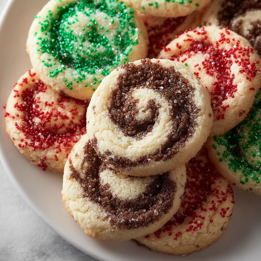 A plate of swirled cookies with green and red sprinkles.