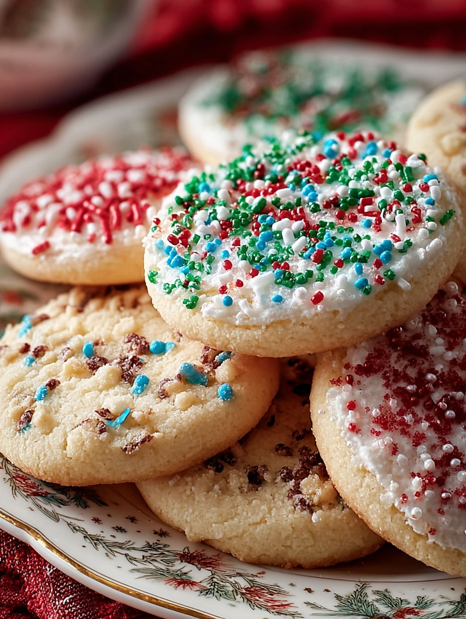 A plate of Christmas cookies with sprinkles.
