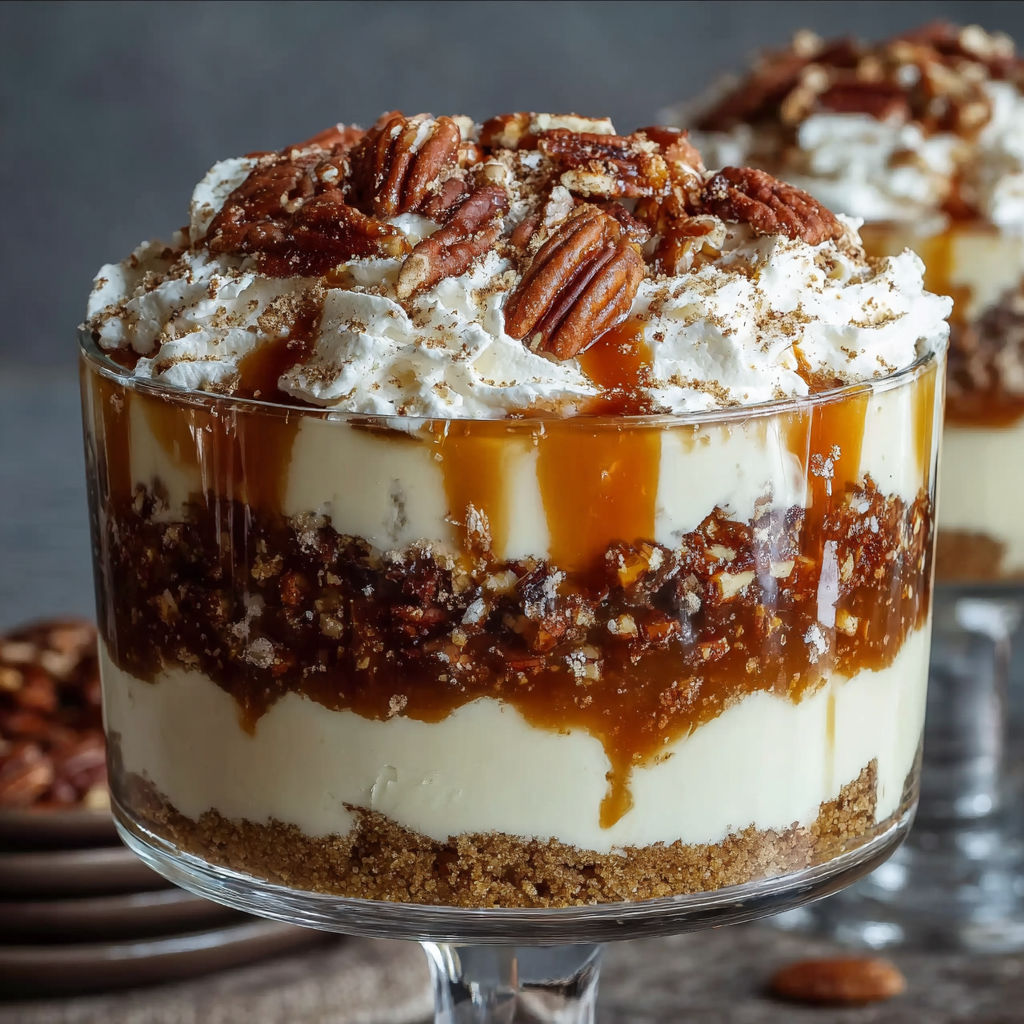 A close up of a Pecan Pie Cheesecake Trifle.