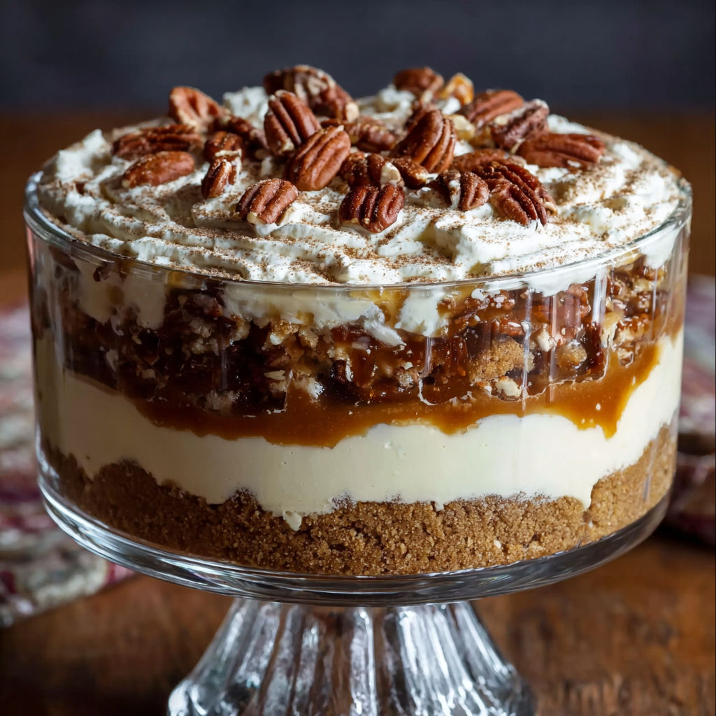 A glass dish filled with a dessert that includes pecans and cheesecake.