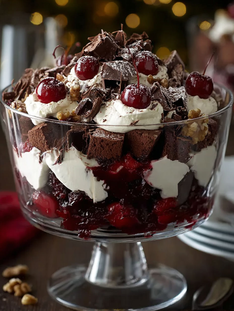 A dessert with chocolate, cherries, and whipped cream.