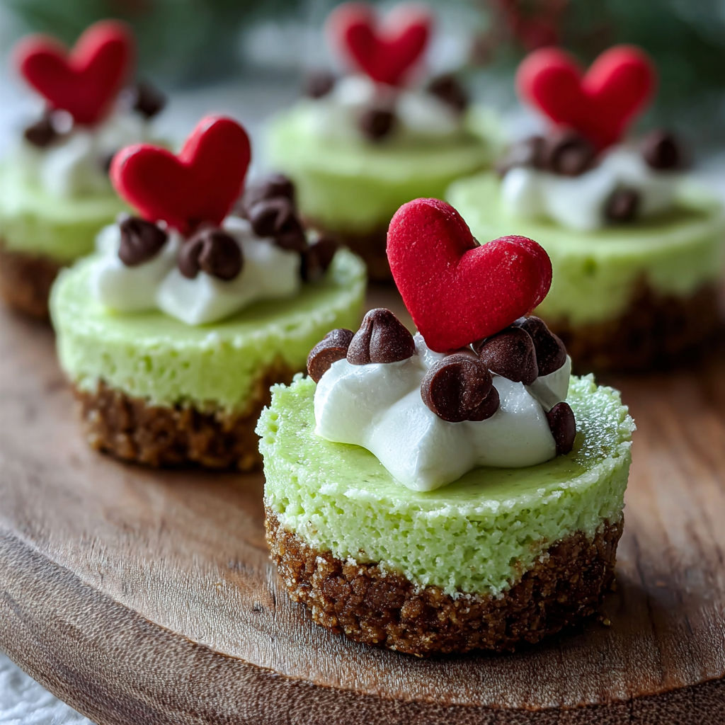 Grinch Mini Cheesecakes with hearts on top.