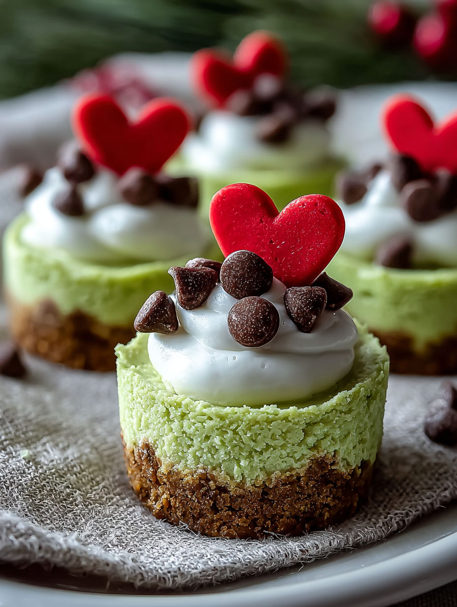 A close up of a Grinch Mini Cheesecake.