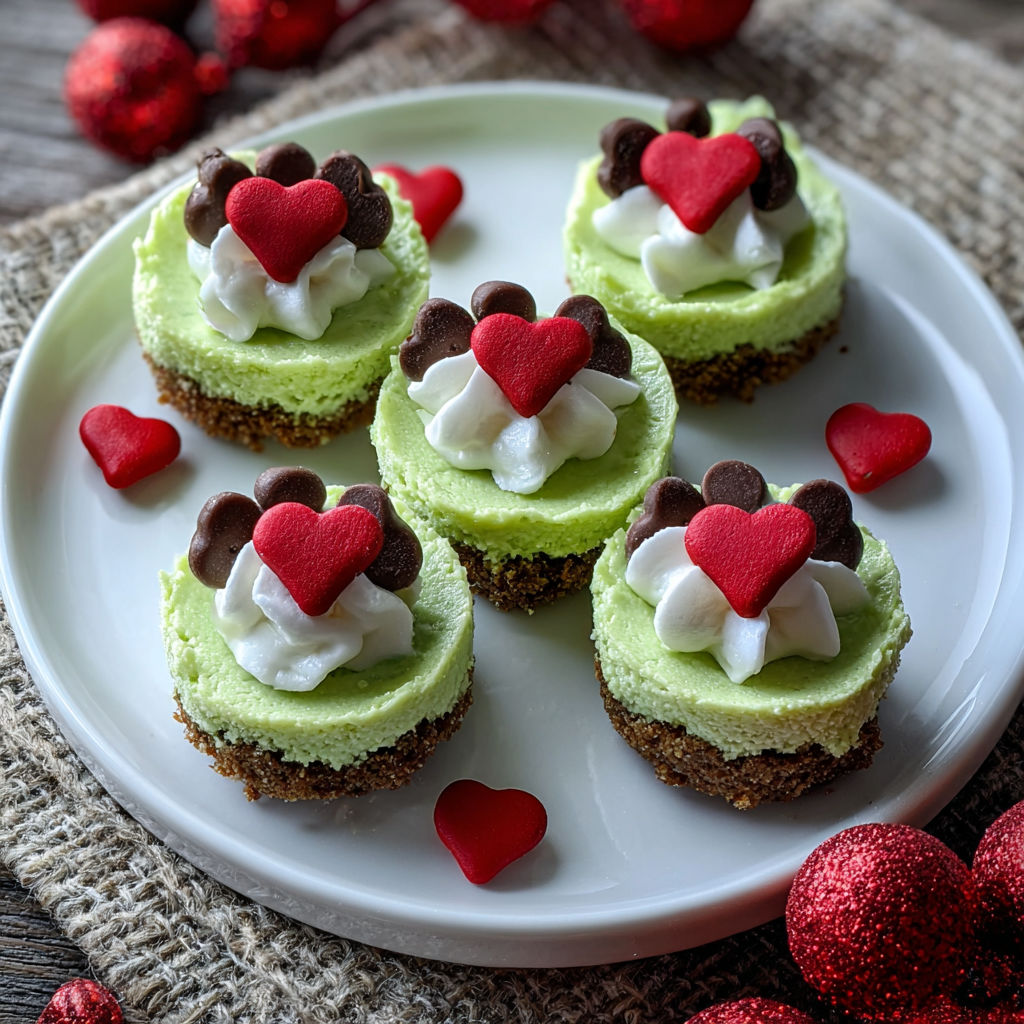 Grinch Mini Cheesecakes with white whip cream.