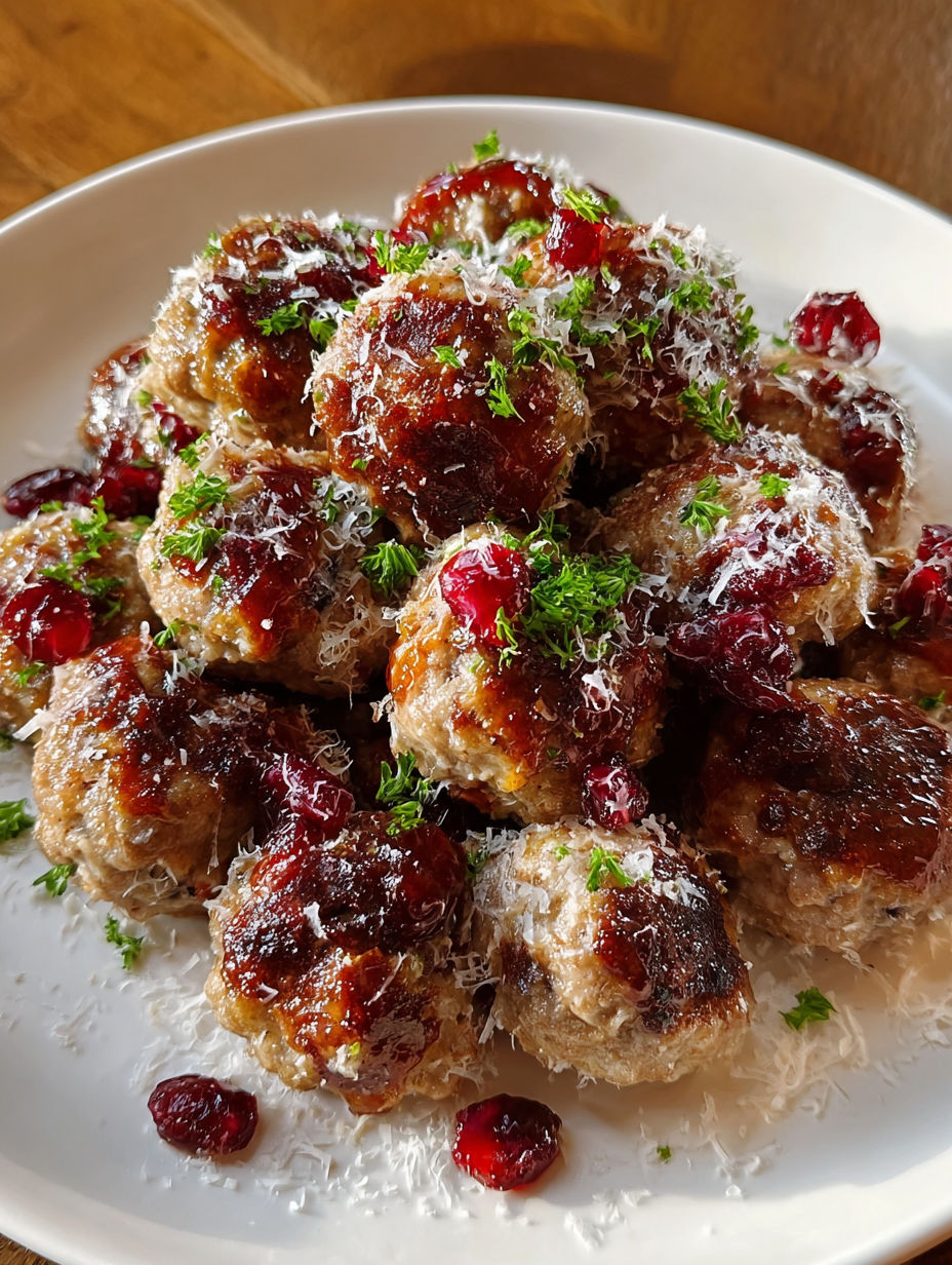 A plate of meatballs covered in cranberries and sauce.