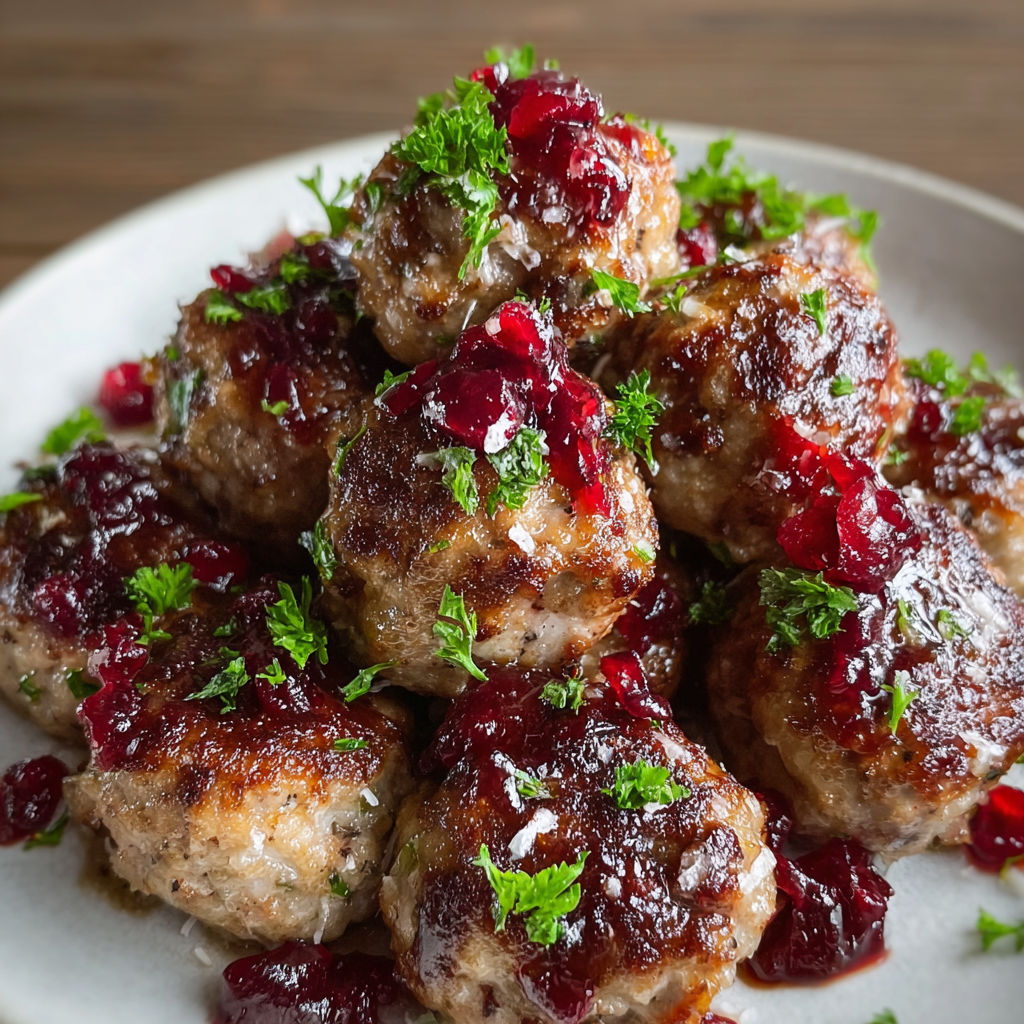 A plate of meatballs covered in cranberry sauce.