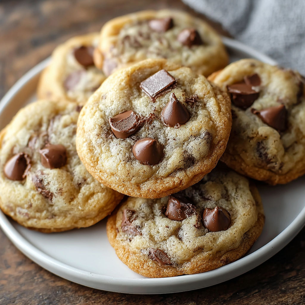 A plate of chocolate chip cookies with chocolate drizzled on top.