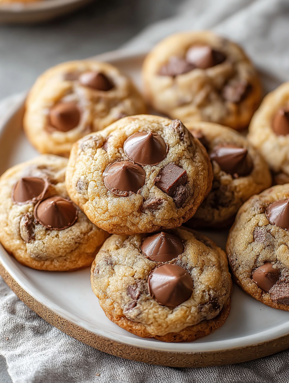 A plate of chocolate chip cookies with chocolate drizzled on top.