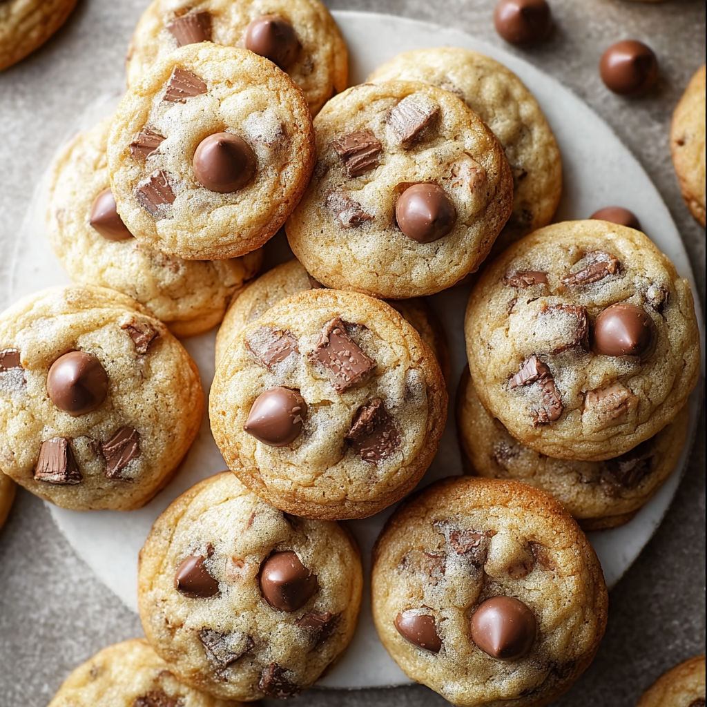 A plate of chocolate chip cookies with chocolate drizzled on top.