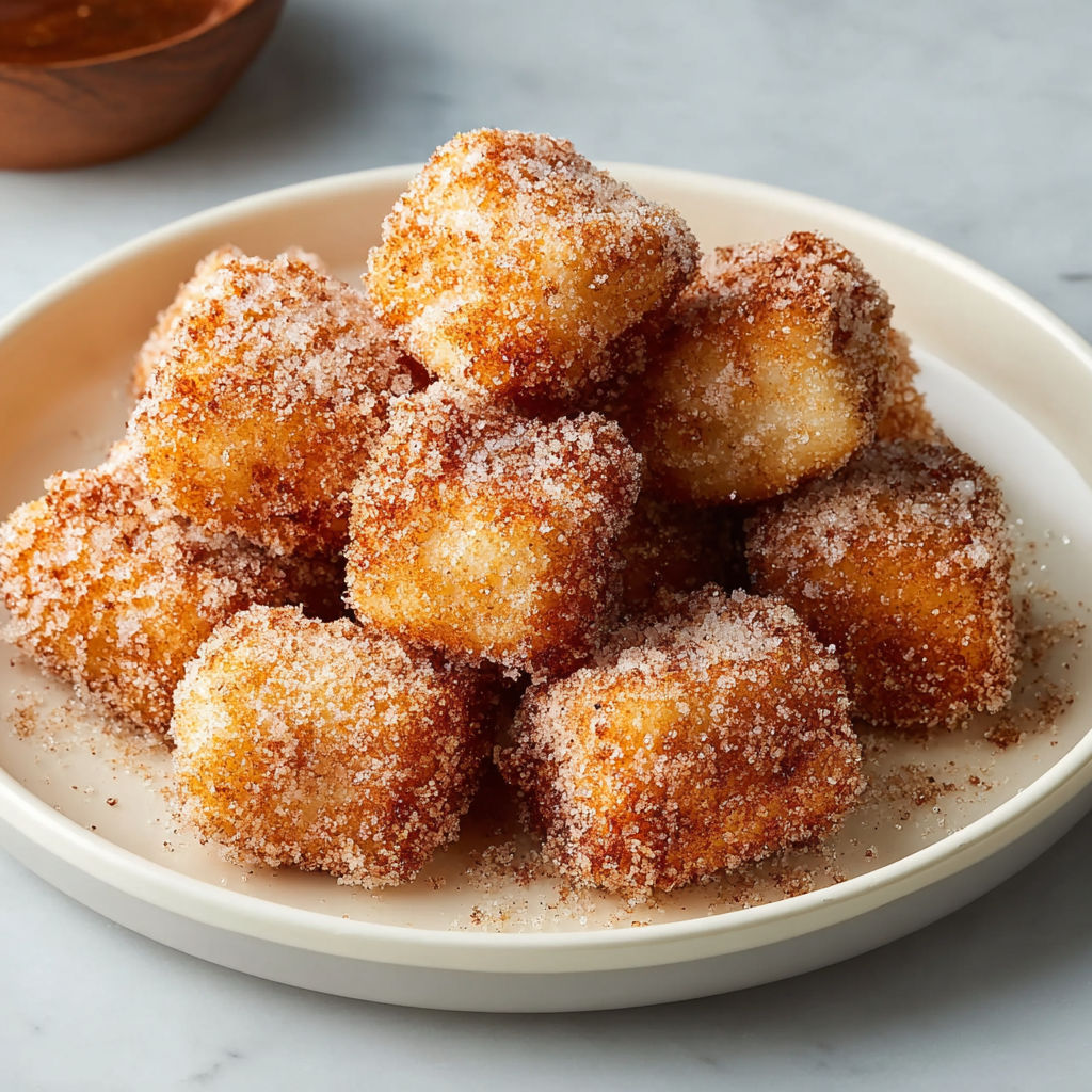 A plate of crispy angel cake churro bites.