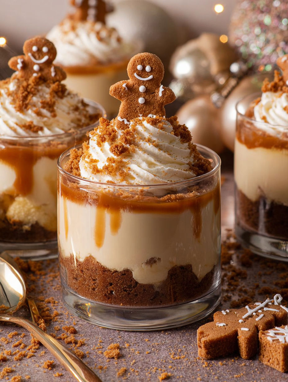 A gingerbread trifle with a cookie on top.
