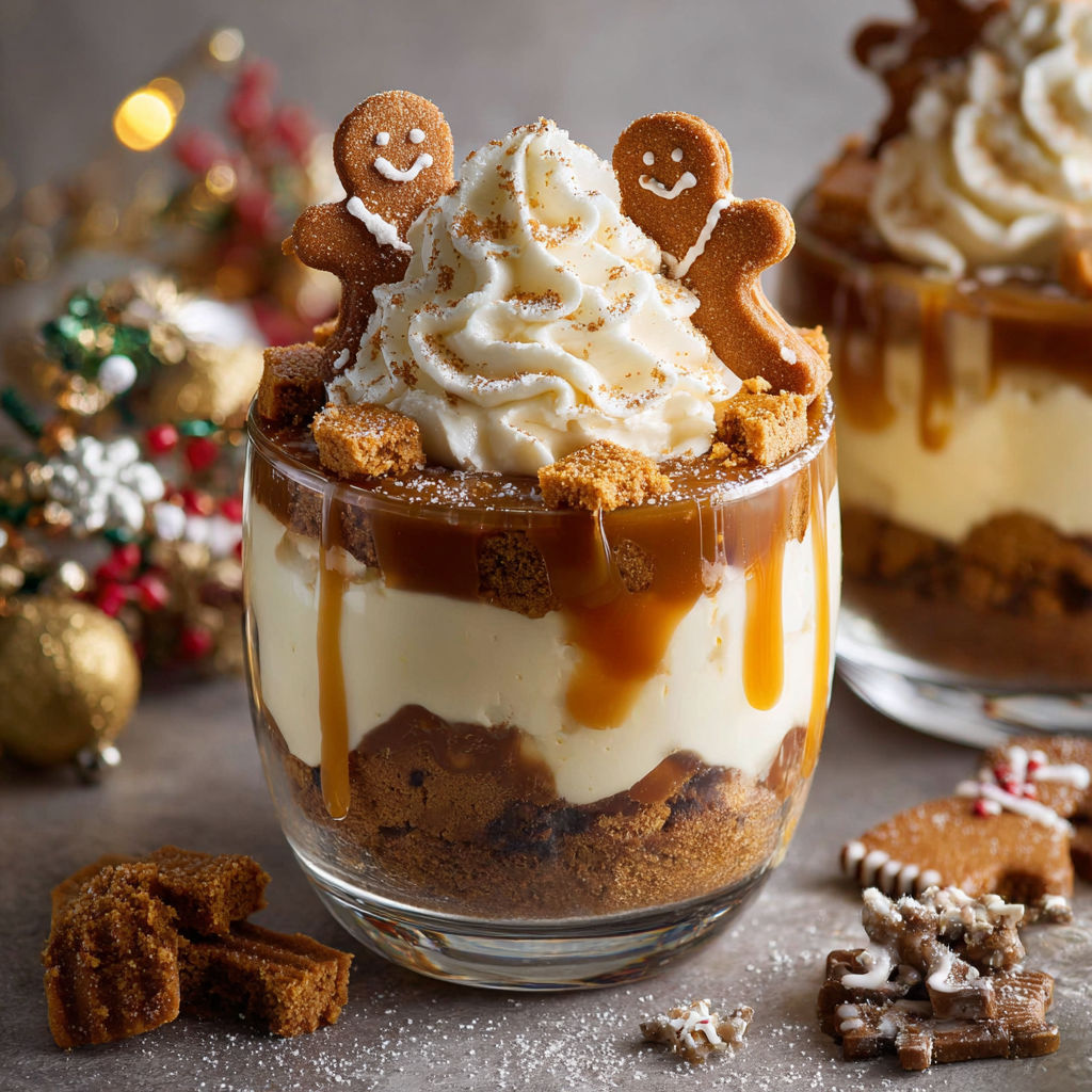 A glass of gingerbread trifle with a smiley face.