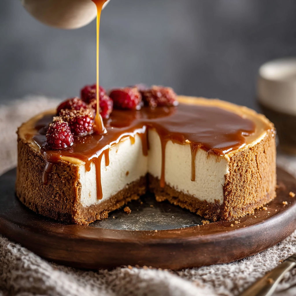 A slice of creamy gingerbread cheesecake with caramel bliss.