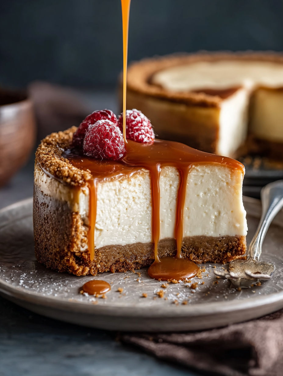 A slice of creamy gingerbread cheesecake with caramel bliss.