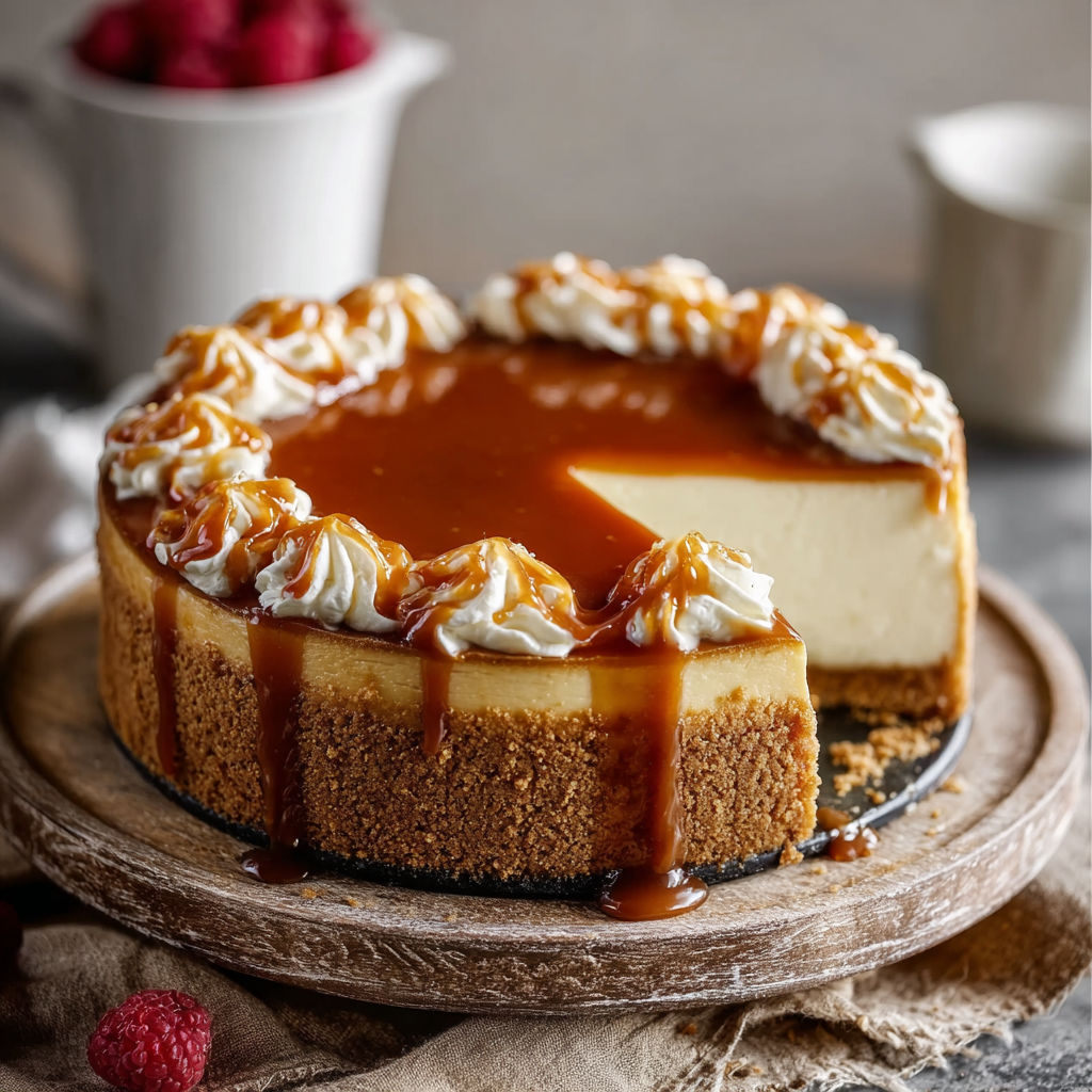 A slice of creamy gingerbread cheesecake with caramel bliss.