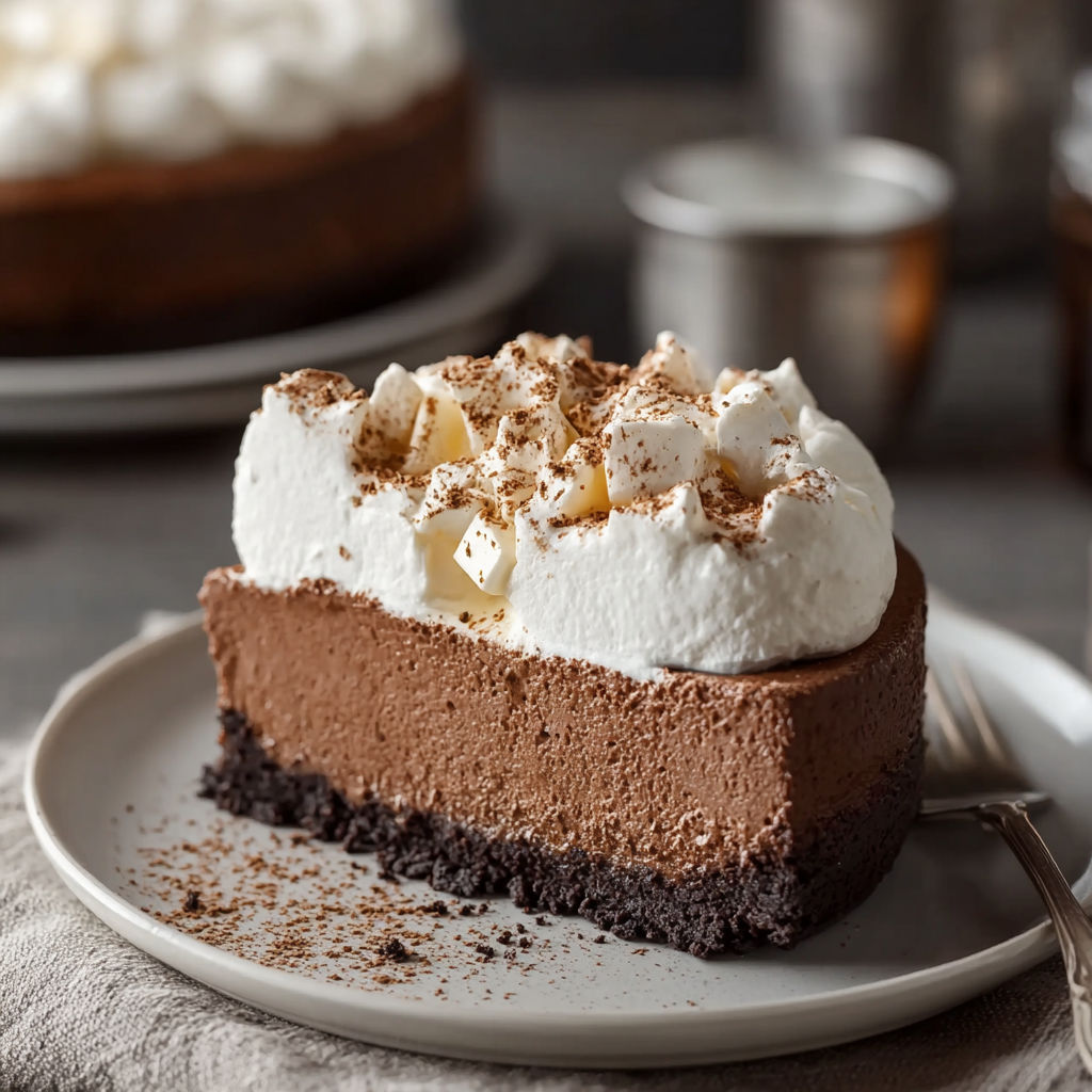 A slice of chocolate cheesecake with marshmallow whipped cream.