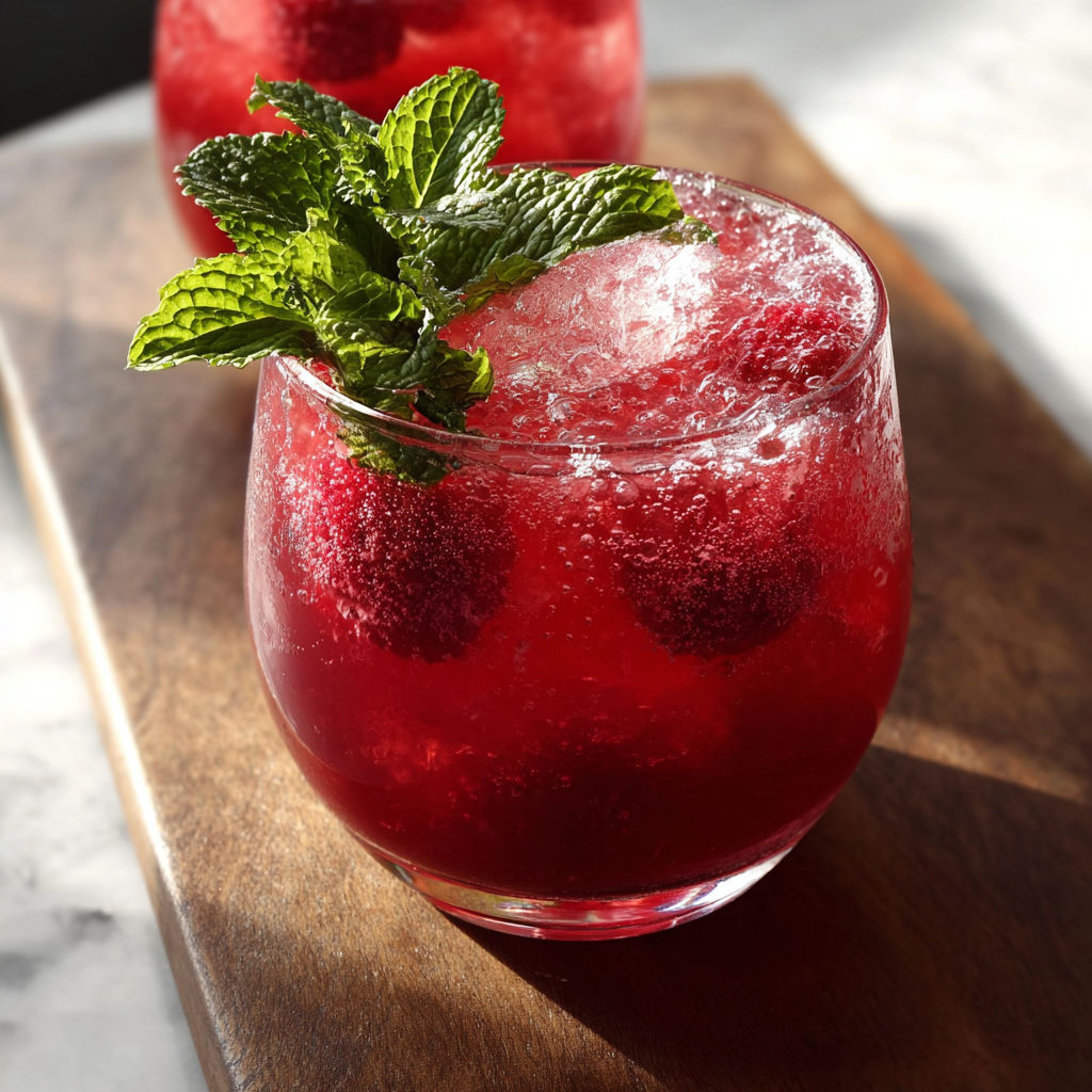 A glass of raspberry ginger ale punch with a mint garnish.