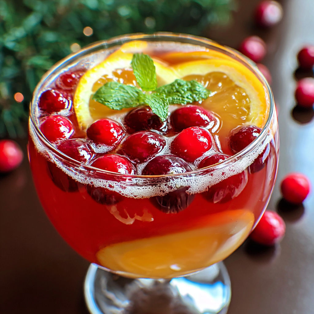 A glass of Christmas punch with a lemon wedge and mint garnish.