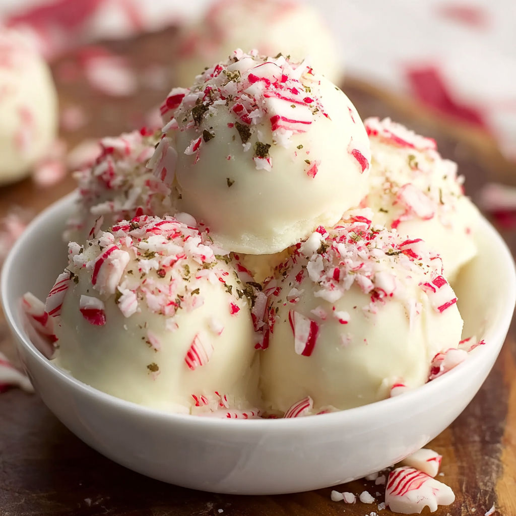 A bowl of peppermint truffles made with cream cheese.