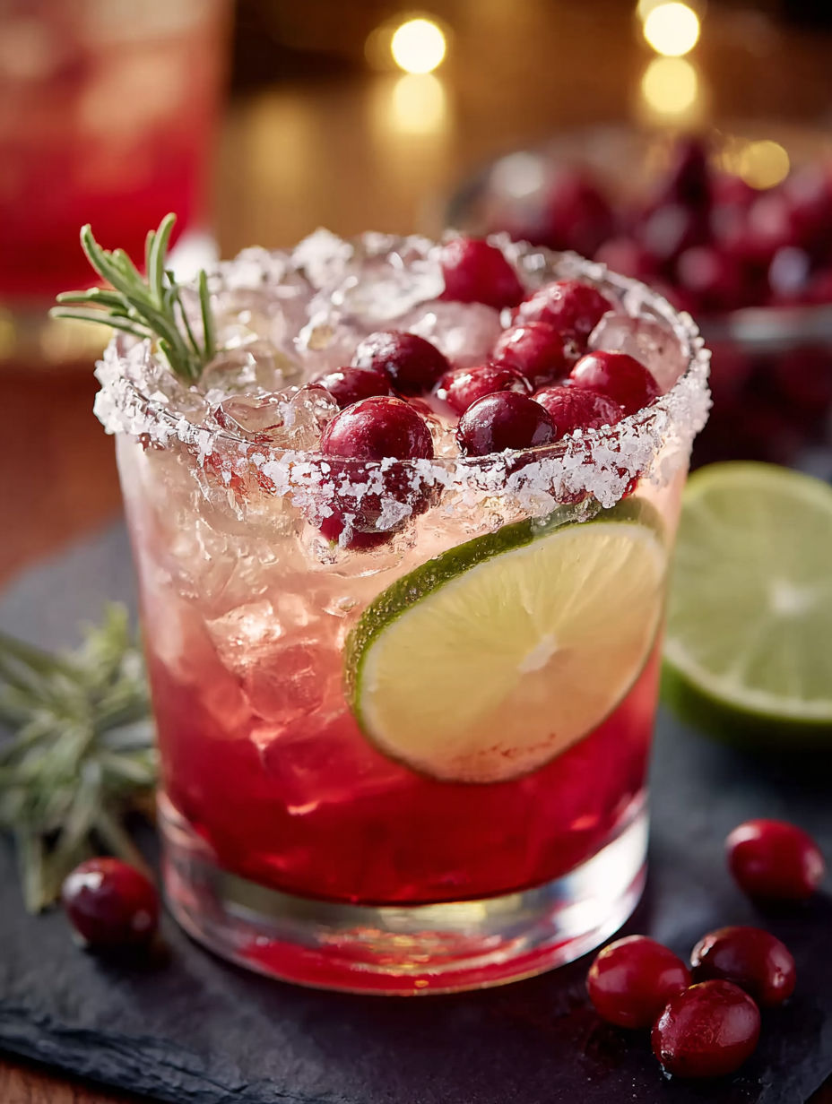 A glass of Mistletoe Margarita with a lime wedge.