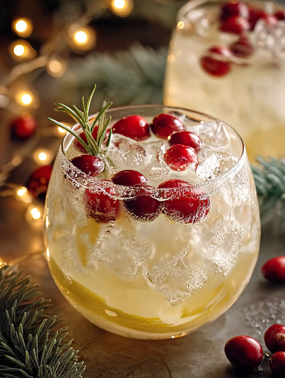 A glass of white Christmas punch with a lemon slice.