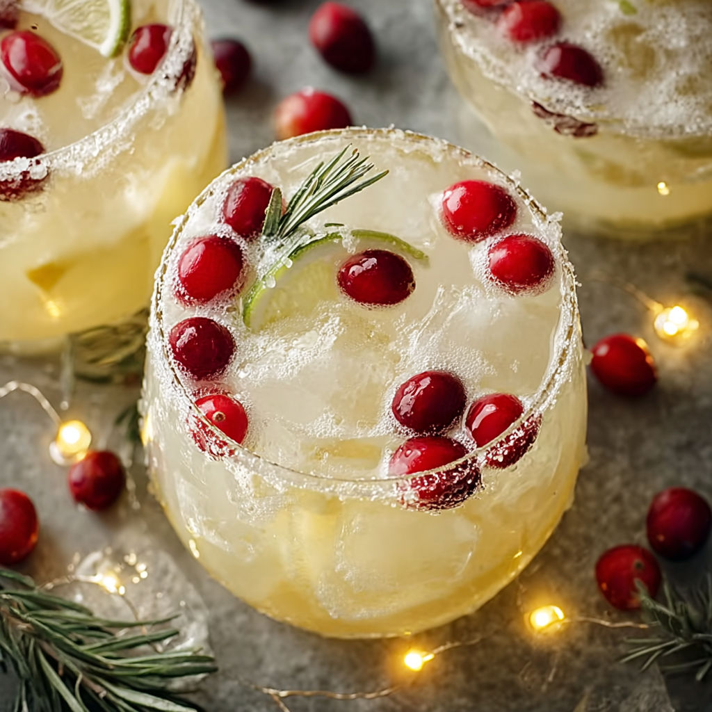 A glass of white Christmas punch with red berries.