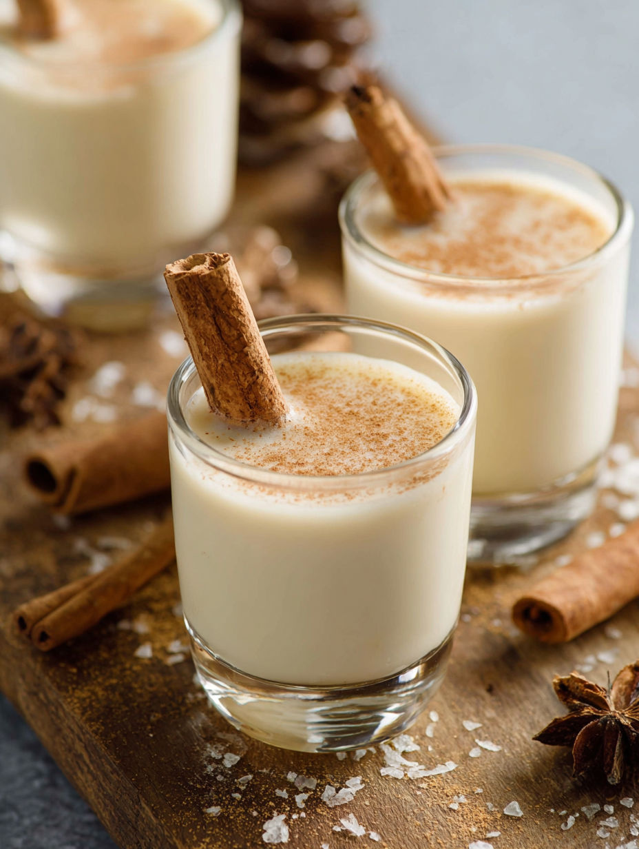 Three glasses of eggnog with cinnamon sticks in them.