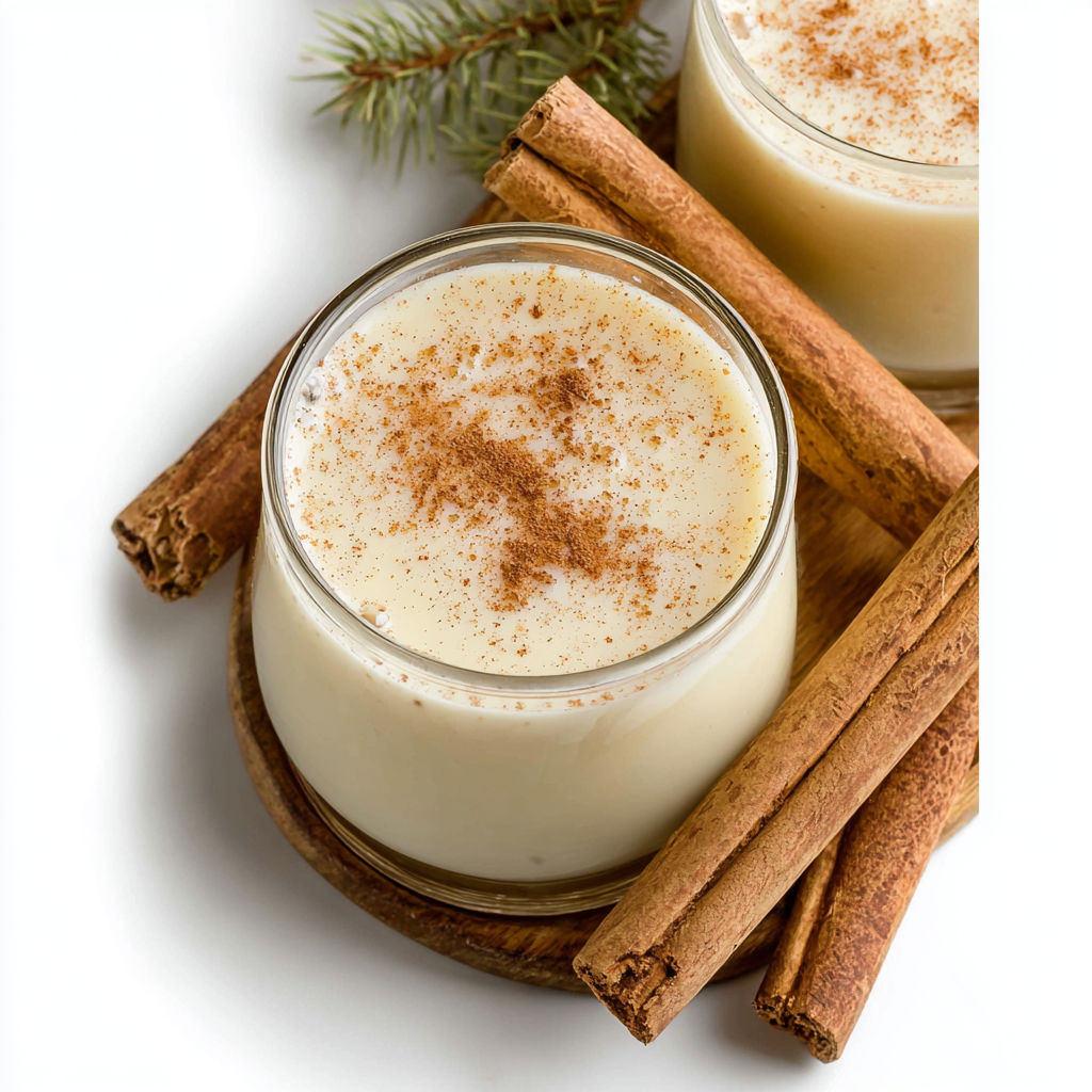Two glasses of eggnog with cinnamon on top.