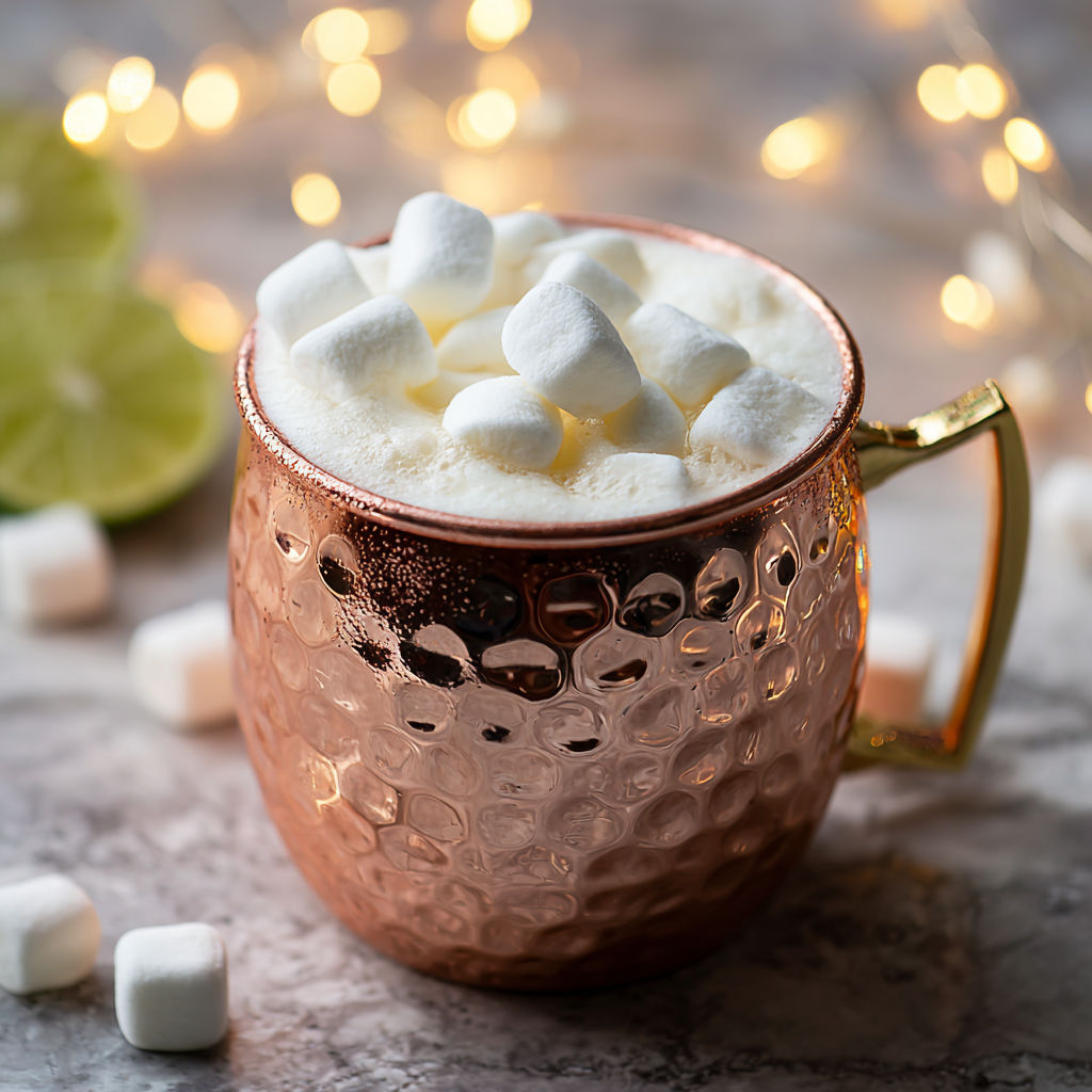 A cup of marshmallow mule with a gold handle.