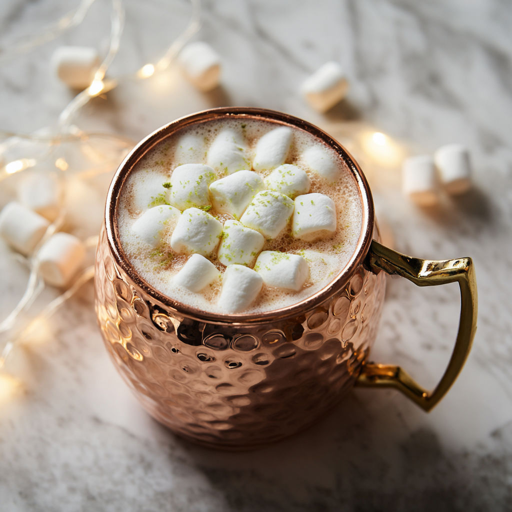 A cup of marshmallow mule with a gold handle.